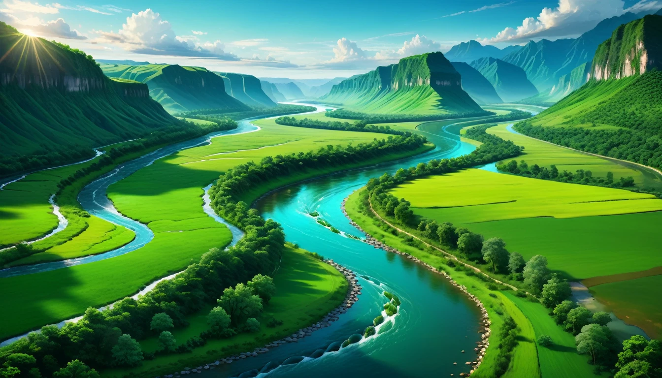 (a river flowing through a lush green landscape,serene river,smooth flowing river,s-shaped river,detailed landscape,highly detailed scenery,beautiful skies,dramatic lighting,vibrant colors,photorealistic,masterpiece,best quality,8k,hyper detailed,extremely realistic,digital art,concept art)