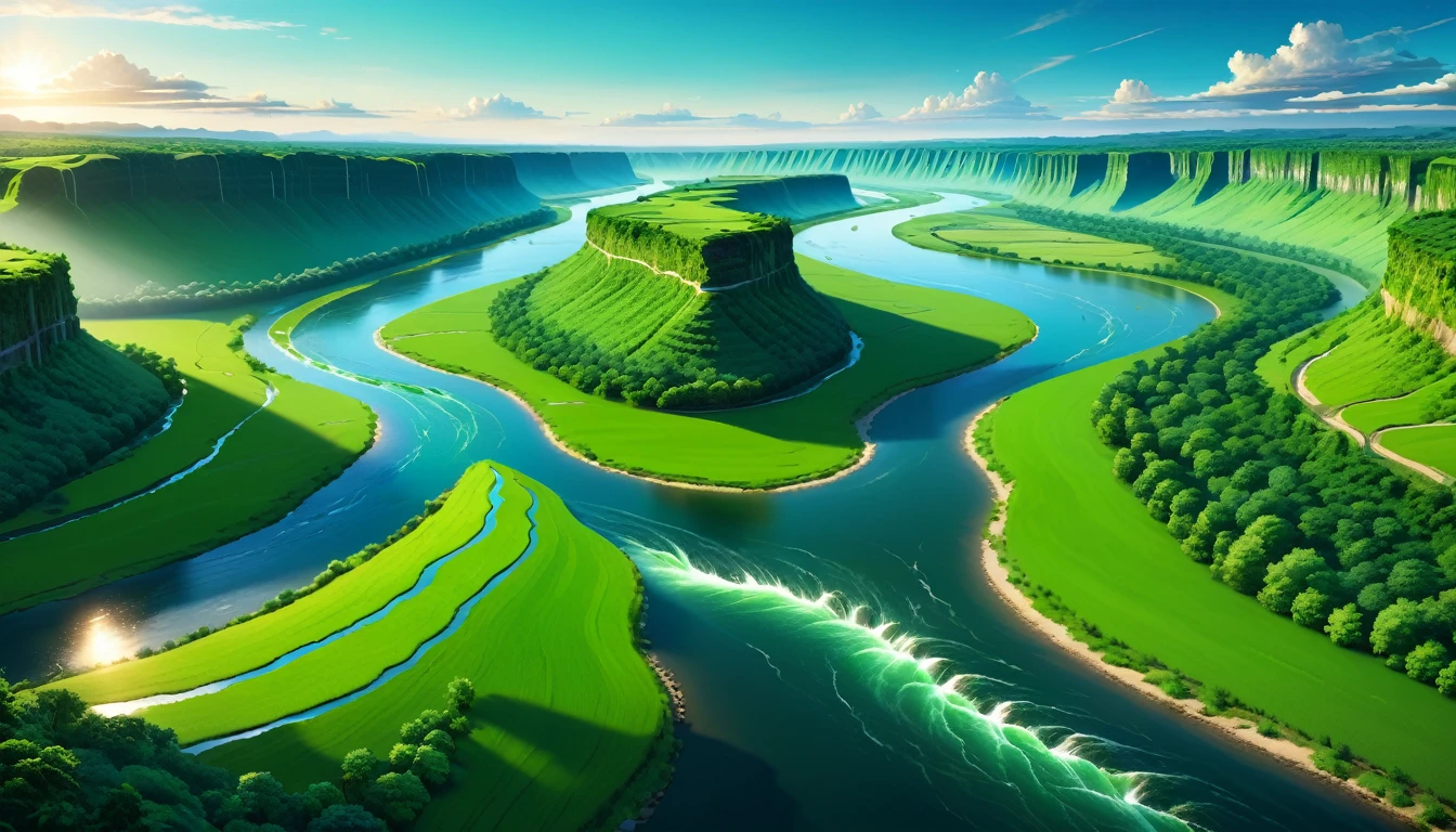 (a river flowing through a lush green landscape,serene river,smooth flowing river,s-shaped river,detailed landscape,highly detailed scenery,beautiful skies,dramatic lighting,vibrant colors,photorealistic,masterpiece,best quality,8k,hyper detailed,extremely realistic,digital art,concept art)