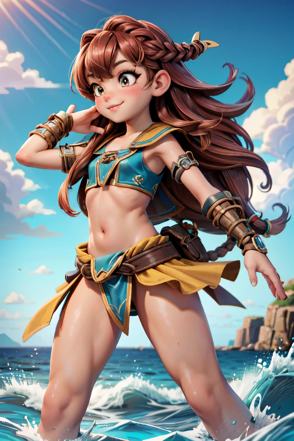 (masterpiece, best quality) 1girl, AloyHorizon, solo, long hair, smile, brown hair, hair ornament, navel, brown eyes, braid, outdoors, parted lips, sky, day, midriff,cloud, red hair, water, from behind, blue sky, lips, tattoo, ocean, thick eyebrows, hem, rope, freckles, realistic, nose, dreadlocks, sexy girl, bikini, ::biquini, ::small bikini,  action pose, ::sexy 