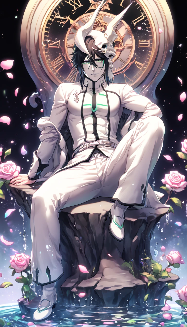 absurdres, highres, ultra detailed, HDR, masterpiece, extremely detailed, Ulquiorra Cifer, black hair, pale skin, expressive green eyes, Bleach, solo, sexy man sitting, handsome, horny, sensual, arrancar white clothes, white pants, water, magical, fantasy, glittering, shining, pink roses, blossoms, petals, in woderland, clock, manly man