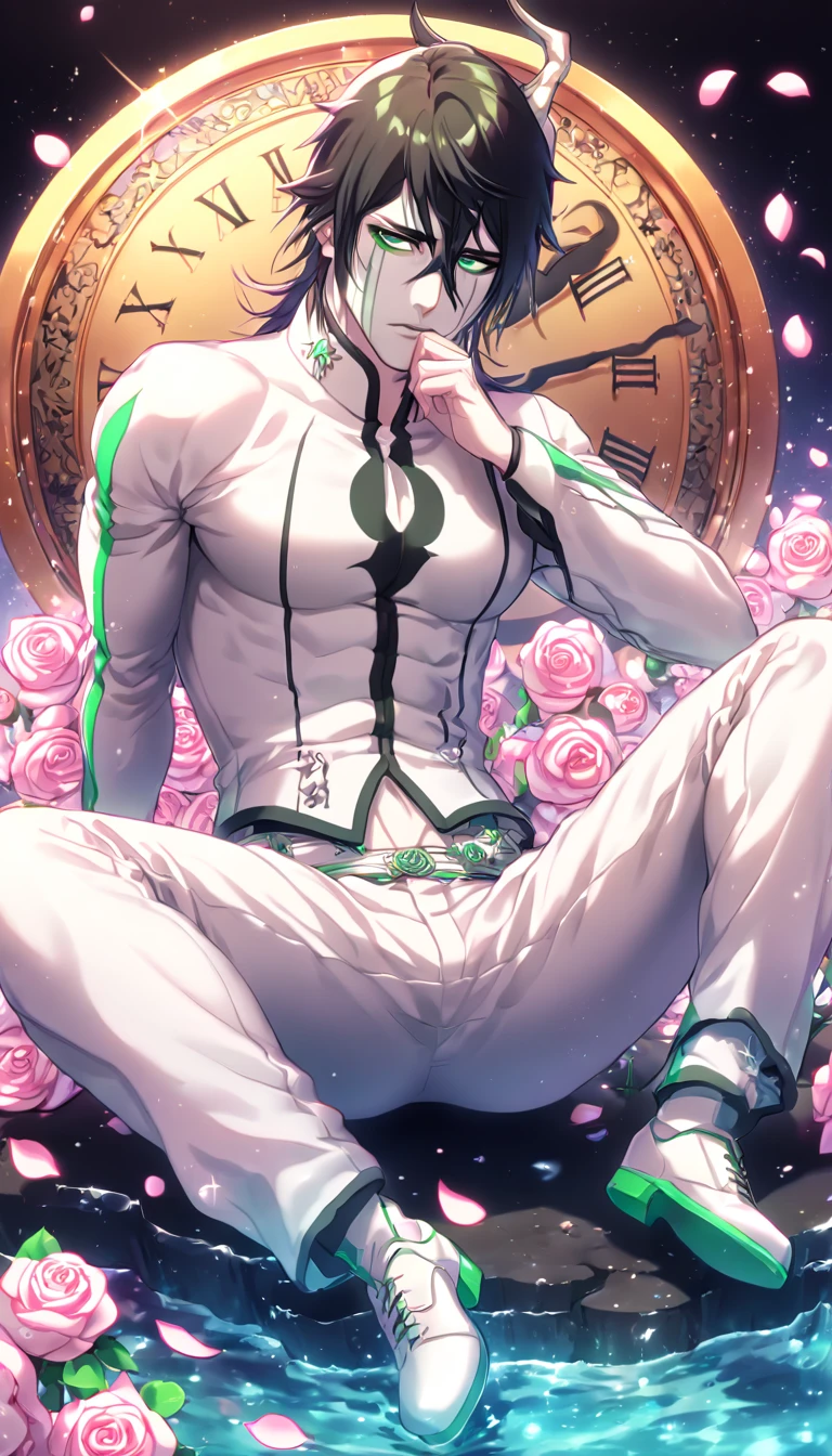 absurdres, highres, ultra detailed, HDR, masterpiece, extremely detailed, Ulquiorra Cifer, black hair, pale skin, expressive green eyes, Bleach, solo, sexy man sitting, handsome, horny, sensual, arrancar white clothes, white pants, water, magical, fantasy, glittering, shining, pink roses, blossoms, petals, in woderland, clock, manly man