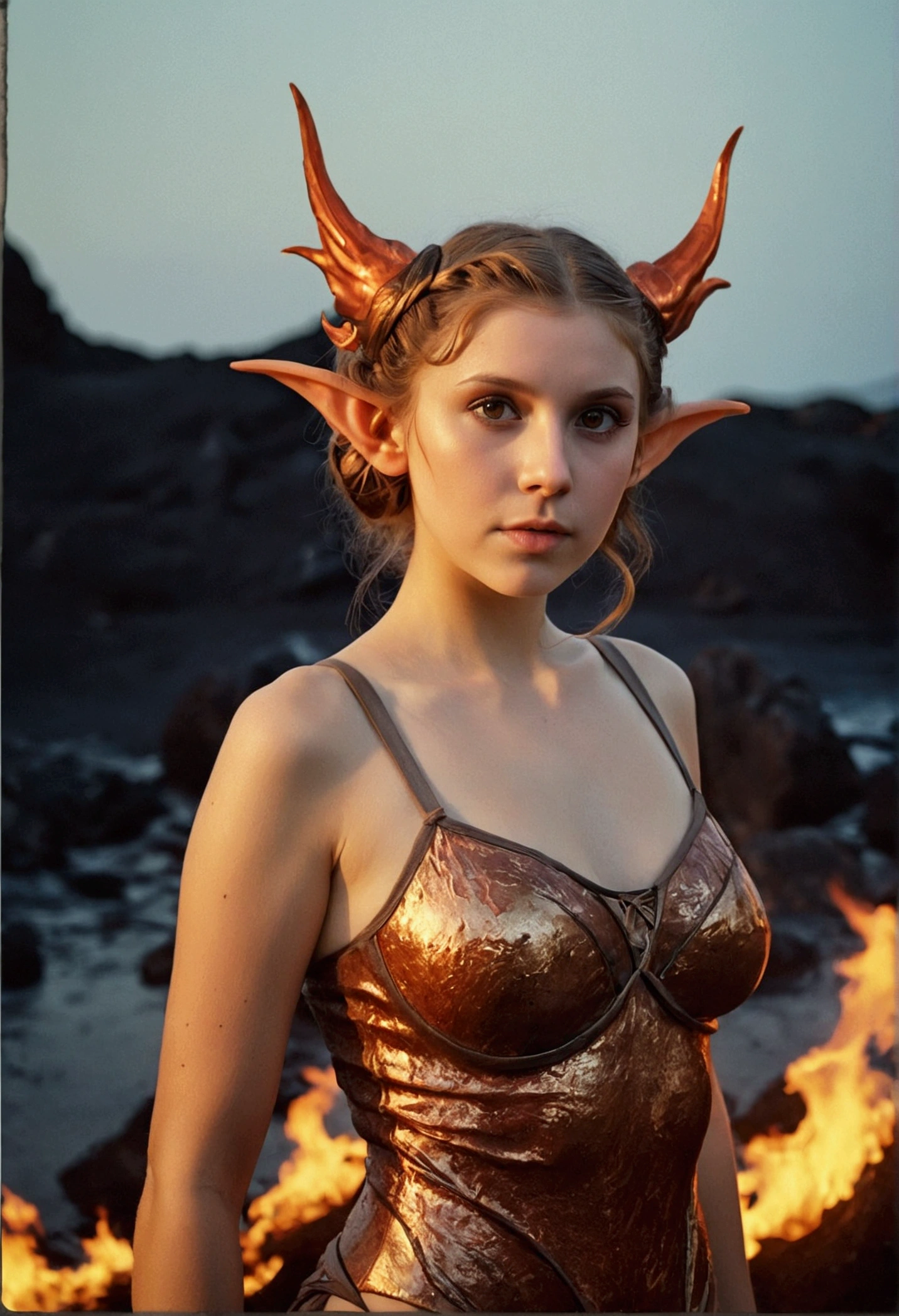analog film photo, photo of a young fire elf, 18 years-old, female, elf, pointy ears, messy hair, sun-kissed complexion, sweaty skin, pretty, natural beauty, tall, full hourglass figure, thick thighs, big butt, wearing metallic undergarments, posing in a fiery lava lake, surrounded by flames and smoke, hellish landscape, nighttime, resembles Princess Leia, RAW Photograph, dslr, soft lighting, high quality, film grain, Fujifilm XT3, detailed skin with visible pores, insane details, masterpiece, 8k, 35mm photograph, dslr, kodachrome, faded film, desaturated, grainy, vintage, Lomography, stained, highly detailed, found footage, close-up shot, elven ears