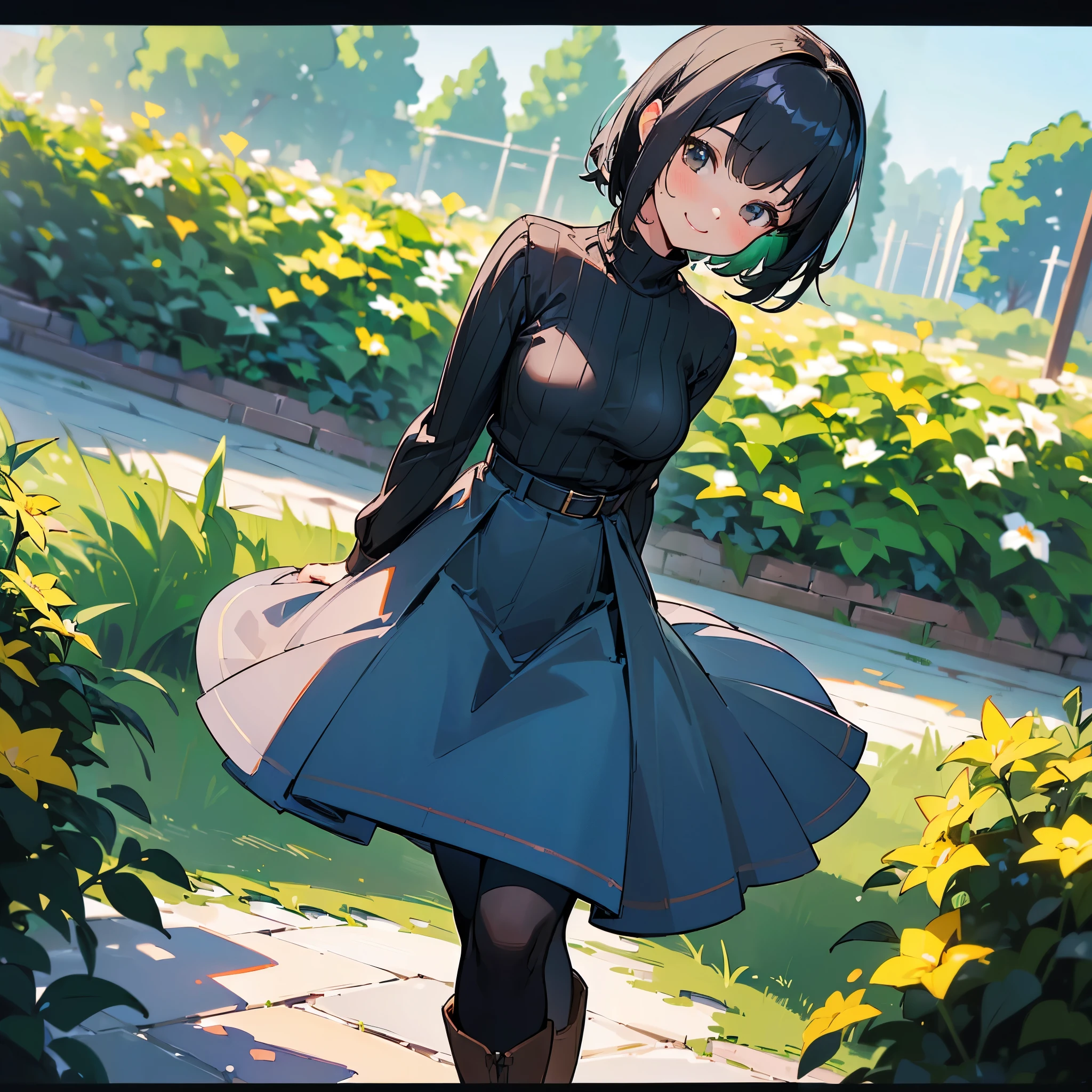 (high quality, High resolution, Very detailed, reality:1.37), Peaceful atmosphere, (Outdoor, garden), Teenage girl standing alone, (my breasts are big.), Beautiful details, Cute Smile, (Black bob hair), Ribbed sweater, Blue Skirt, Black tights, Brown boots.