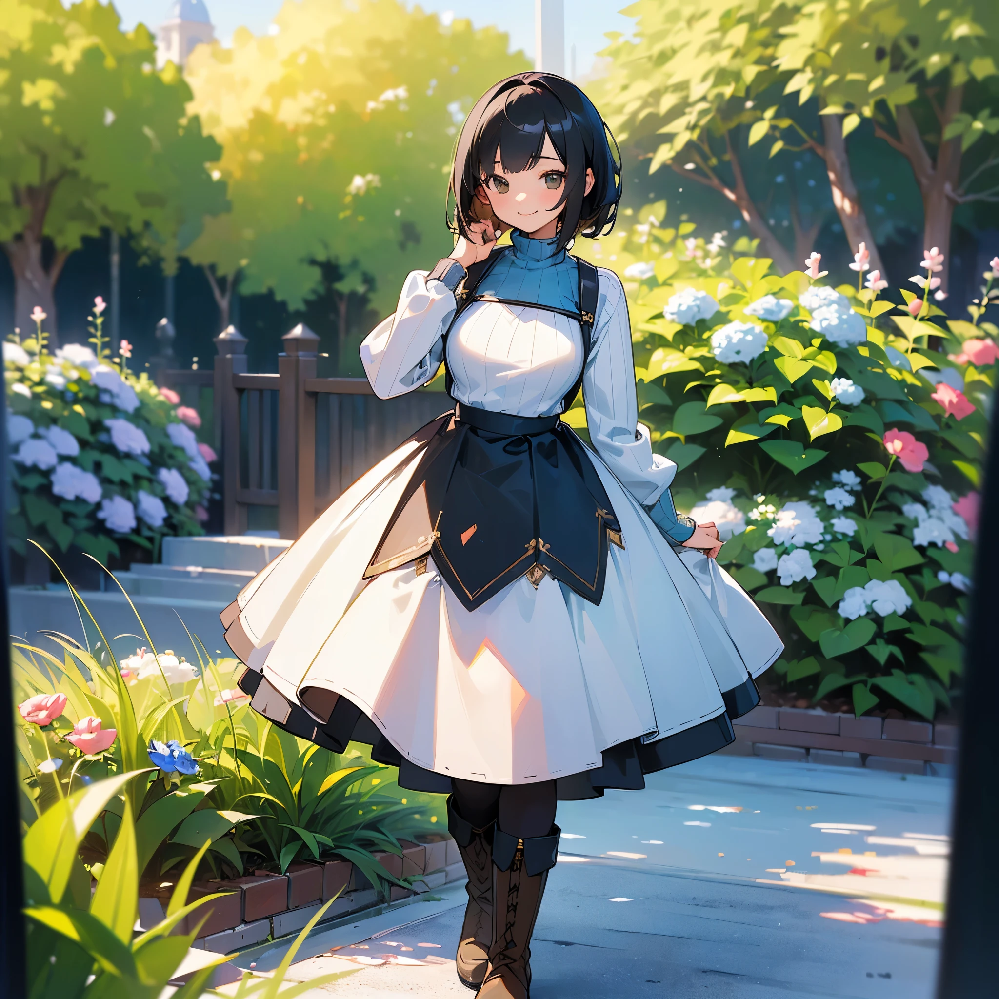 (high quality, High resolution, Very detailed, reality:1.37), Peaceful atmosphere, (Outdoor, garden), Teenage girl standing alone, (my breasts are big.), Beautiful details, Cute Smile, (Black bob hair), Ribbed sweater, Blue Skirt, Black tights, Brown boots.