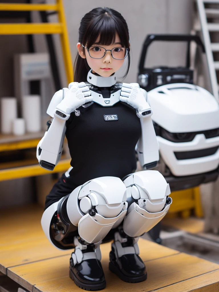 masterpiece, Highest quality, Very detailed, Japanese Android Girl,Plump,A little thick control panel,Squat,Mechanical Hand,Robotic arms and legs, Black sponge joint,Blunt bangs,White robot body,Ceramic body,White Long Boots,Perfect Cyborg Girl,Glasses,