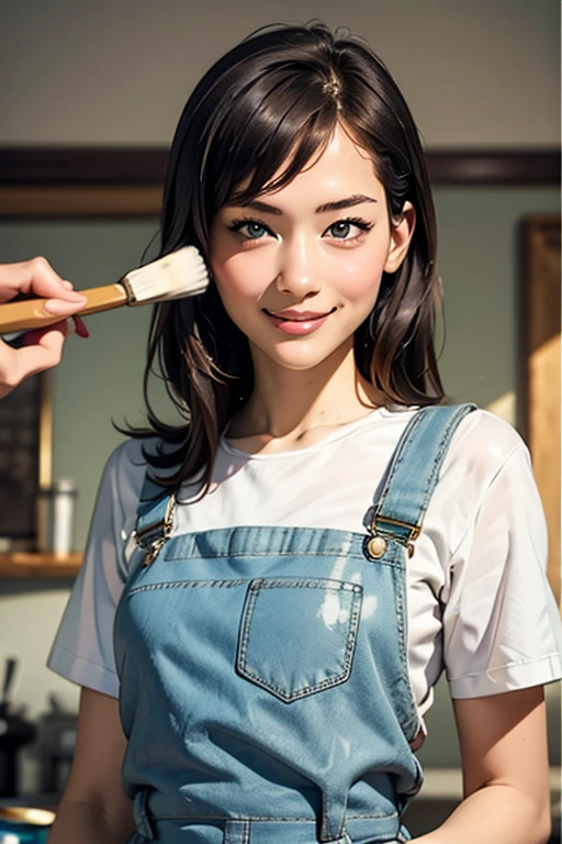 Highest quality　High resolution　Simple　White overalls work clothes　A woman holding a paint can and a brush　There is a little paint on the clothes or body.　Abandoned house　20 years old　cute　smile（（head to waste ））