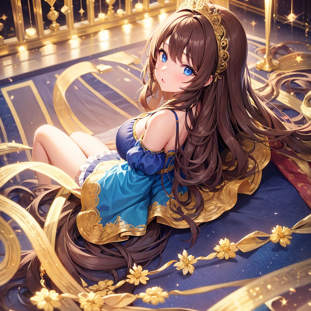 girl with blue eyes, long, wavy and brown hair , with a pretty face. In an Idol costume. 8k