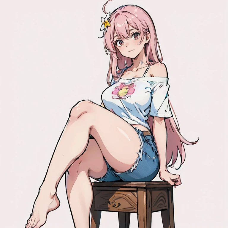 Anime Kawaii sexy Perfect Slim sensual body large breast and huge thighs, An intricate and highly detailed illustration of anime (Young girl) 一个女人sitting on a stool露出她臭脚的low angle，sitting on a stool，low angle，正面，bare feet，focus on feet，Pink off-shoulder t-shirt，There are bangs between the eyes，long hair，chestnut hair，shorts jeans，anatomically correcte, There is a huge yellow five-pointed star clip in her hair，pink eyes，eyes for details，pretentious smile，look at the audience，point-blank，wide angle lens，perspective drawing, two feet，simetria bilateral