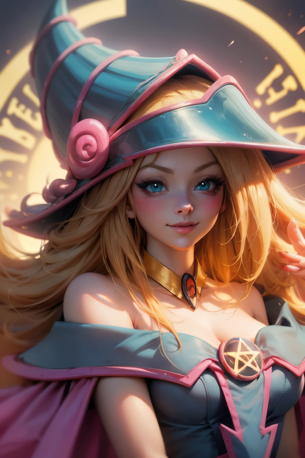 Beautiful face of dark wizard gils. Extra long eyelashes. blue eyes like crystal. brio in the eyes. pink lips. long blonde hair. exposed shoulders, angelic smile, beautiful well detailed face of the dark wizards gils. blowing a kiss. and winking. She is flirtatious with the viewer. Long and big eyelashes.