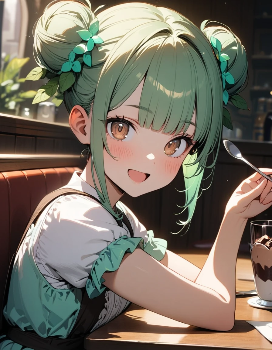 1 girl,amazing quality, aesthetic, aesthetic,ultra-detailed face,detailed eyes,16yo,(Brown eyes),lash extension,Mint green hair,blunt bangs,Mint leaves hair accessory,double bun,Short sleeves,Mint green Lolita,brown Lolita,Perfect hands, perfect fingers,holding a spoon,Looking at viewer,happy,one Chocolate mint parfait on the table,Sitting,indoors French Restaurant,rim light,masterpiece,8K,top quality, highly detailed illustration