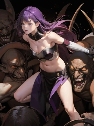 Highest quality、rape、Captured by mutants、Surrounded by mutants、defeat、Beautiful woman with very long purple hair、White Armor（Mid-chest、Off the shoulder、Sleeveless、No elbow pads、belly button、High Leg、Exposed thighs）、White Armorのブーツ、Tears overflow、Frightened expression、On the Run 1:5、Attacked by mutants 1:5、Many violent mutants 1:5、The mutant grabs him by the arm..　Mutant attacks from behind、Mutant grabs leg、Mutant Swarm 1:5、darkness、Different world、Dark fantasy、Pitch Black Hell