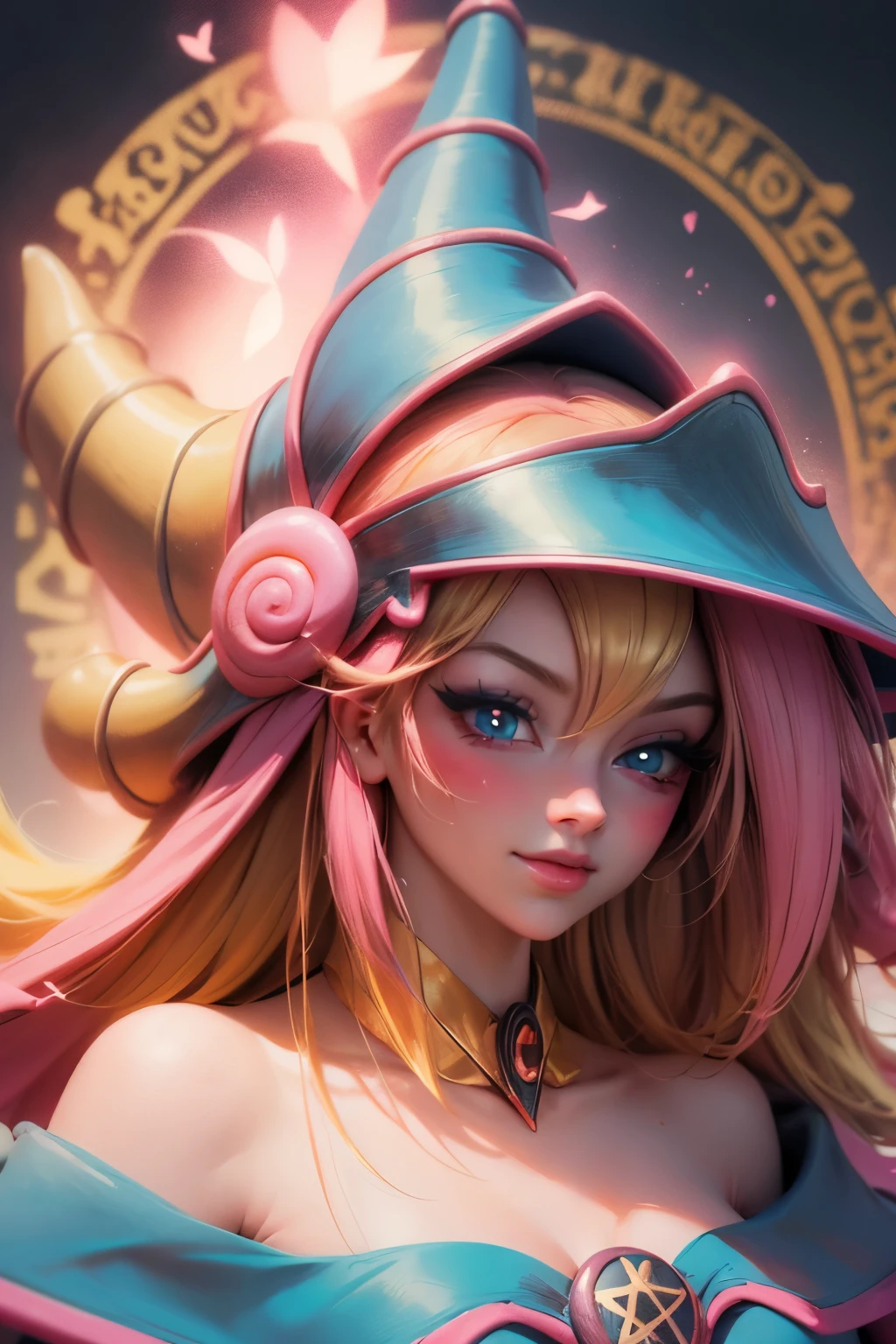 Beautiful face of dark wizard gils. Extra long eyelashes. blue eyes like crystal. brio in the eyes. pink lips. long blonde hair. exposed shoulders, angelic smile, beautiful well detailed face of the dark wizards gils. blowing a kiss. and winking. She is flirtatious with the viewer. Long and big eyelashes.