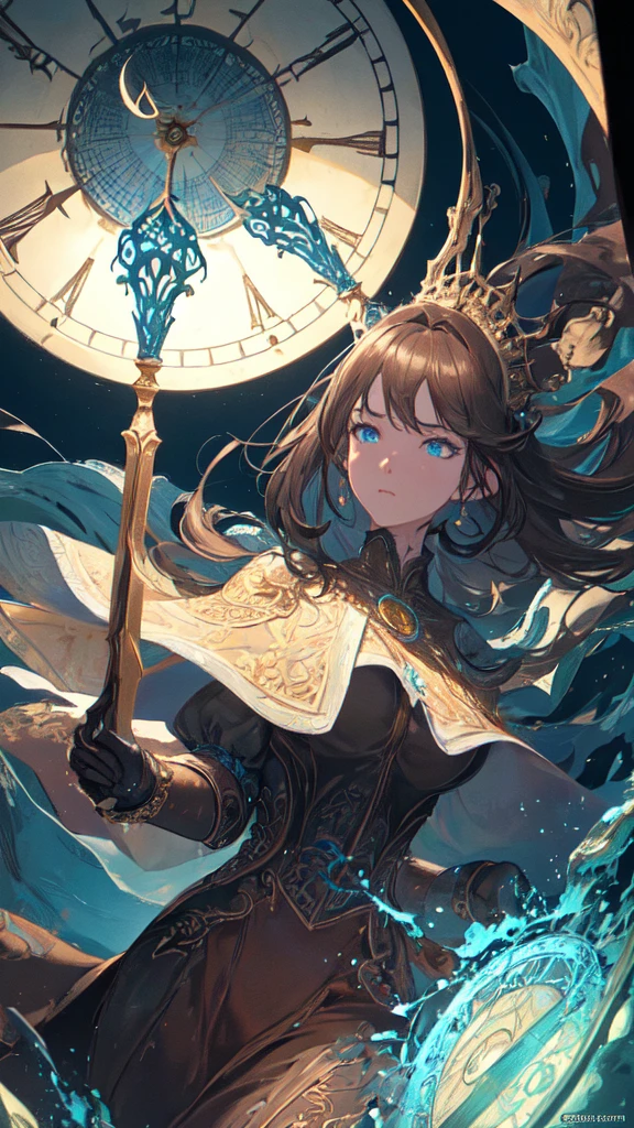 (masterpiece, Highest quality, Very detailed, Best Shadow), (Detailed Background,Dark fantasy), (Beautifully detailed landscapes), High Contrast, (Best lighting, Very delicate and beautiful), ((Cinematic Light)), colorful, Hyper Detail, Dramatic Light, Intricate details, Dynamic Angle), Black light swirling around, Depth of written boundary,black light particles,(Broken glass),magic circle,water,huge clocks,zero,the sun and the moon,Landscape only,There are no people,Watch Center,A clock sinking in water,Blue glowing light,Huge tower and city,Landscape,青く輝く光