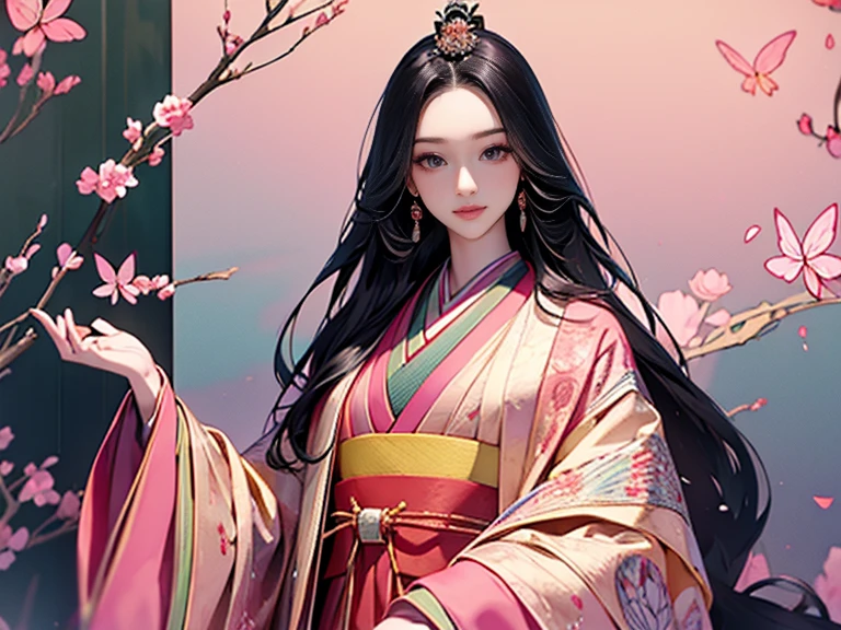 (masterpiece, Highest quality, Highest quality，aesthetics:1.2)，Twelve-layered kimono，1300 years ago，Japan_Heian period，１Beautiful noble princess，Beautiful Skin，(Straight hair　Long, beautiful black hair)，Beautiful ears without ornamentation、Beautiful Face、Beautiful Eyes，Beautiful nose、Beautiful lips、(kimono　Gentle pink color　yellow　Light green　red　The beauty of layered colors)，Silk luster，Layered Color，Wide sleeves，The hem of the hakama is long，elegant，Highest quality，Beautiful graphics, Super detailed，butterfly，Fresh，Minimal background，Transparent robe images，Detailed CG、