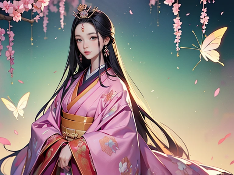 (masterpiece, Highest quality, Highest quality，aesthetics:1.2)，Twelve-layered kimono，1300 years ago，Japan_Heian period，１Beautiful noble princess，Beautiful Skin，(Straight hair　Long, beautiful black hair)，Beautiful ears without ornamentation、Beautiful Face、Beautiful Eyes，Beautiful nose、Beautiful lips、(kimono　Gentle pink color　yellow　Light green　red　The beauty of layered colors)，Silk luster，Layered Color，Wide sleeves，The hem of the hakama is long，elegant，Highest quality，Beautiful graphics, Super detailed，butterfly，Fresh，Minimal background，Transparent robe images，Detailed CG、