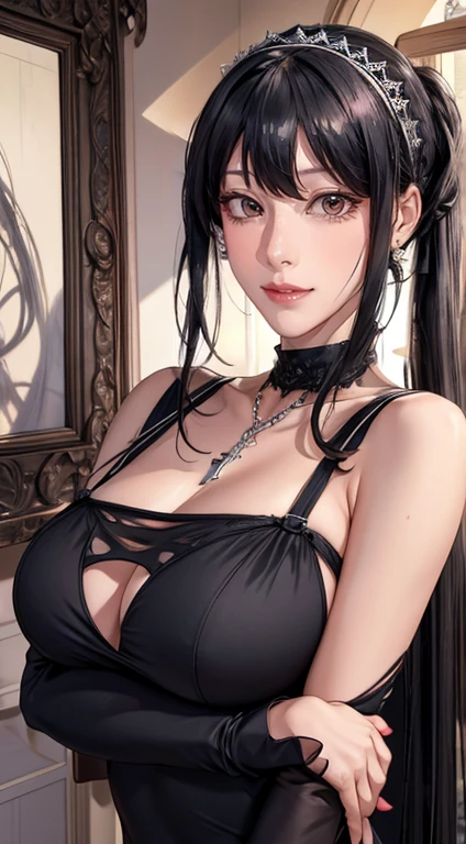 （（（heather rose tartare, Through the bangs, Side Lock, hair band, Red pupils, hair band, Black Hair Color,Lop, b shoulder,  clavicle, Black long dress，hang the pendant near your neck，S-shaped body:1.7））），((masterpiece)),High resolution, ((Best quality))，masterpiece，quality，Best quality at best，（（（ Exquisite facial features，View your viewers,There is light in the eyes，With a smile，Confident ））），（（（Light and shadow intertwine，Huge big breasts））），（（（1 Sister， Dynamic Pose, 1 girl, (Complete diagram:0.9), Own,Human body silhouette， ((Because it&#39;s good)),Girl posing for a photo，24 year old female model，Perfect legs、Perfect arms on your back，plum)）））Big Breasts,Pointed nipples,Cleavage,