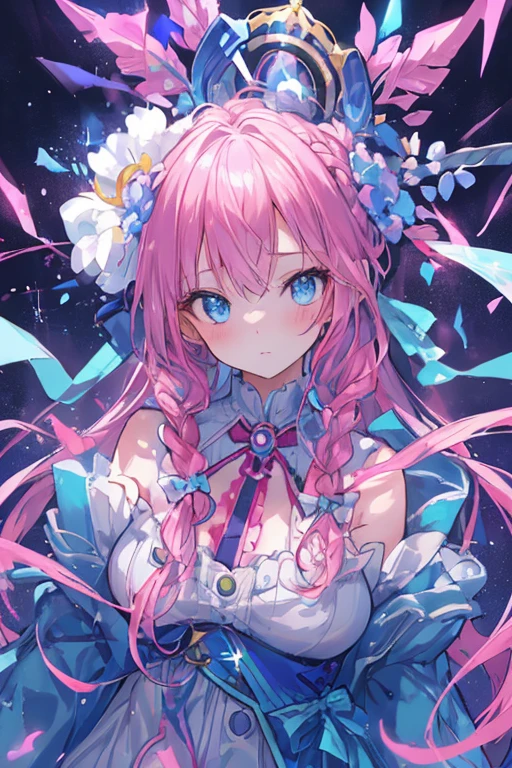 a cute girl with blushing face, intricate braids, piercing blue eyes, ribbon, sparkling effects, pink hair, highly detailed, photorealistic, 8k, masterpiece, cinematic lighting, lush environment, vibrant colors