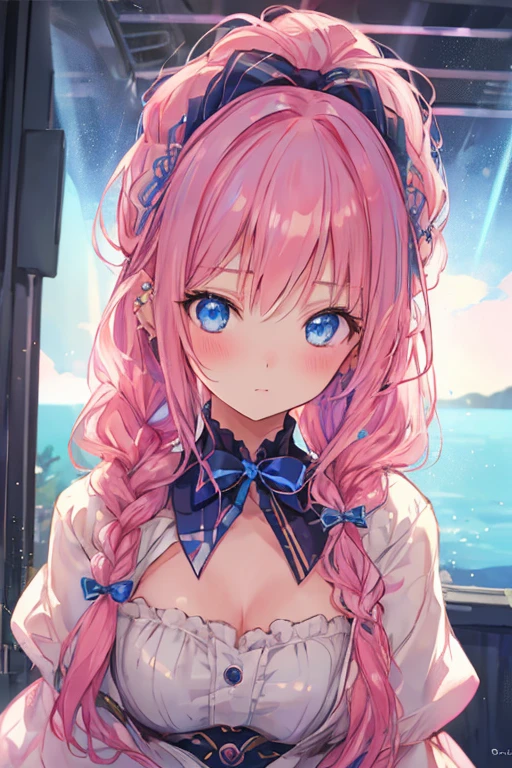 a cute girl with blushing face, intricate braids, piercing blue eyes, ribbon, sparkling effects, pink hair, highly detailed, photorealistic, 8k, masterpiece, cinematic lighting, lush environment, vibrant colors