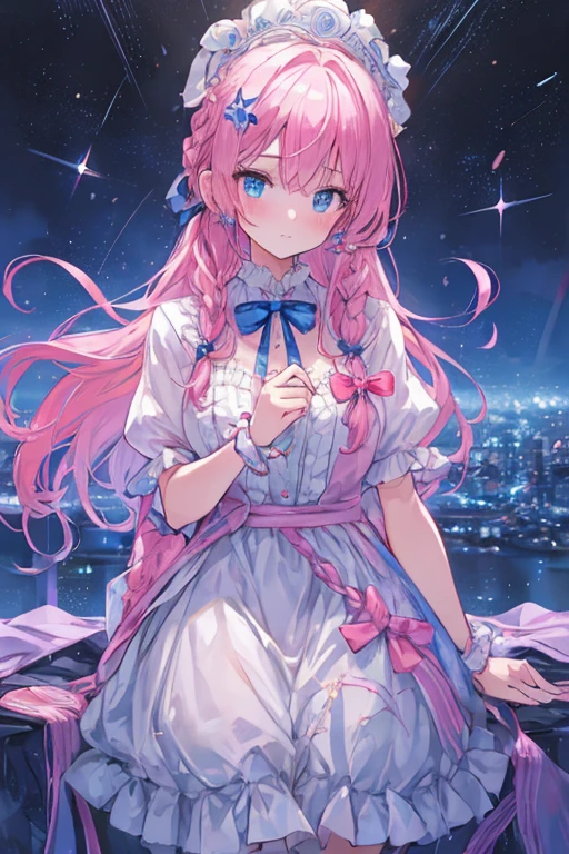 a cute girl with blushing face, intricate braids, piercing blue eyes, ribbon, sparkling effects, pink hair, highly detailed, photorealistic, 8k, masterpiece, cinematic lighting, lush environment, vibrant colors