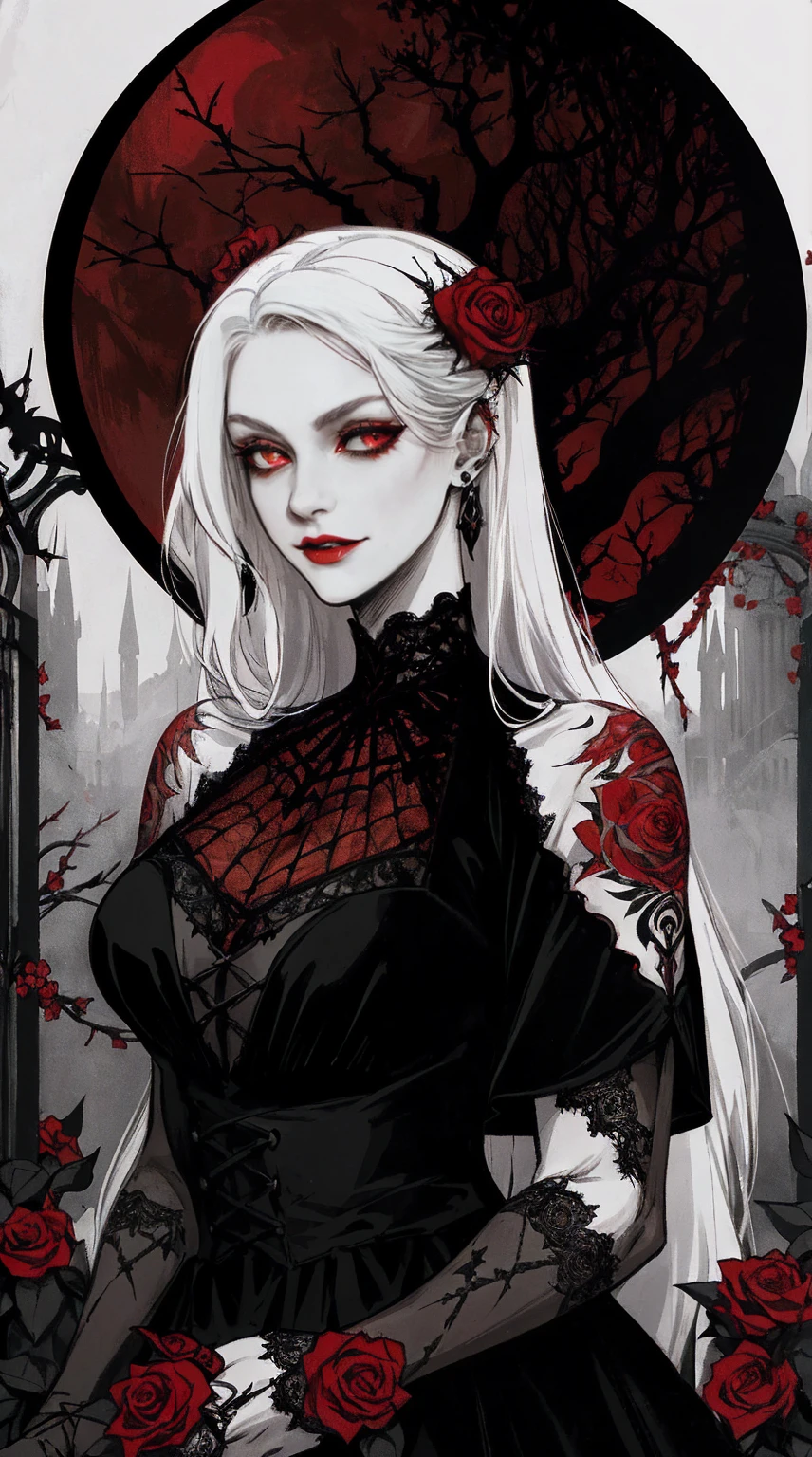 (best quality,highres),dark and mysterious,gothic art style,red and black color palette,dramatic lighting,an eerie garden setting,glimmering moonlight,delicate lace details,detailed engravings on the earrings and piercing,roses and thorns intertwined,female, pale skin, vibrant red lipstick, (white hair, long flowing hair, straight hair), red eyes, vampire, sharp fangs,playful expression,tattoos on her arms and neck,spider web motifs in the background