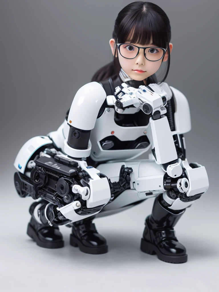 masterpiece, Highest quality, Very detailed, Japanese Android Girl,Plump,A little thick control panel,Squat,Mechanical Hand,Robotic arms and legs, Black sponge joint,Blunt bangs,White robot body,Ceramic body,White Long Boots,Perfect Cyborg Girl,Glasses,