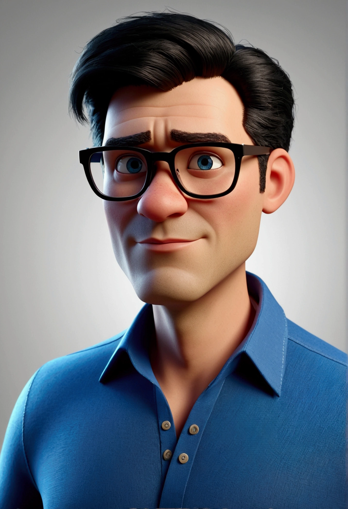 Cartoon character of a man in black glasses and blue shirt, animation character, stylized character, animation style rendering, 3d stylized, Arnold Maya rendering, Stylized 3D rendering, toon render screenshot, 3d character, 3d character, Stylized 3D rendering, 3D character rendering, cartoon character, Personagem de close up, character posing, (Pixar-style) (master part:1.2) (bokeh) (best qualityer) (skin detailed) (detailed texture) (8k) (Argilla) (cinematic lighting) (sharp focus