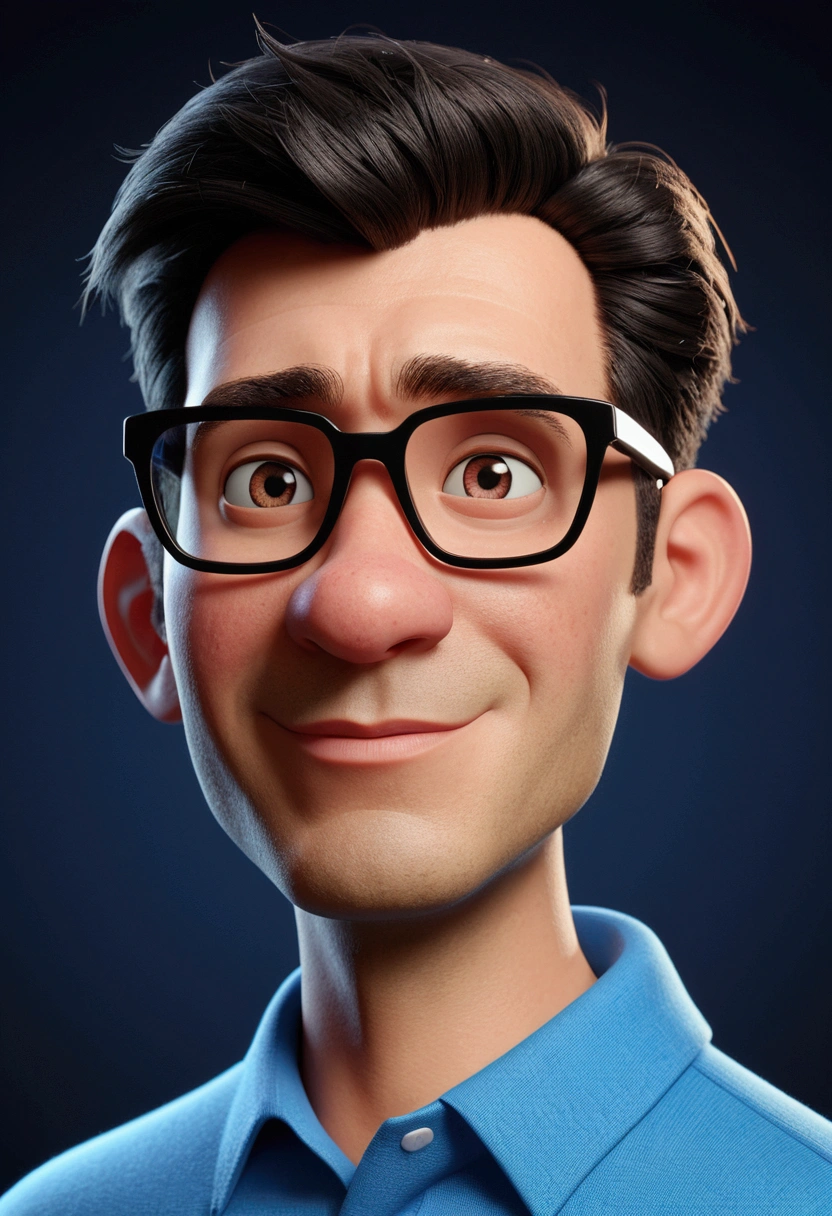 Cartoon character of a man in black glasses and blue shirt, animation character, stylized character, animation style rendering, 3d stylized, Arnold Maya rendering, Stylized 3D rendering, toon render screenshot, 3d character, 3d character, Stylized 3D rendering, 3D character rendering, cartoon character, Personagem de close up, character posing, (Pixar-style) (master part:1.2) (bokeh) (best qualityer) (skin detailed) (detailed texture) (8k) (Argilla) (cinematic lighting) (sharp focus