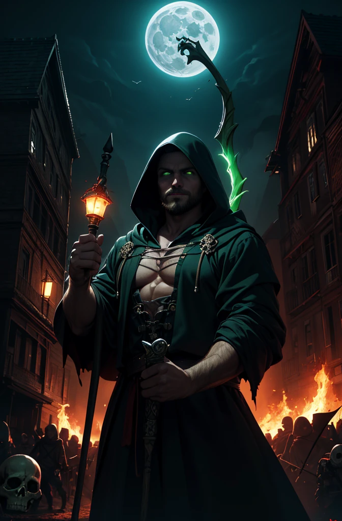 (masterpiece, highly detailed, artstation, absurdres, fantasy), dynamic pose, cowboy shot, solo, mature man, necromancer, face in shadow, Broad smile, (slight:1.5), short beard, (glowing green eyes:1.2), dark magic, staff, torn robe, hood, (the army of skeletons:1.1), blood moon, outdoors, village on fire, world of victorious evil, darkness, sharp focus, cinematic composition,  