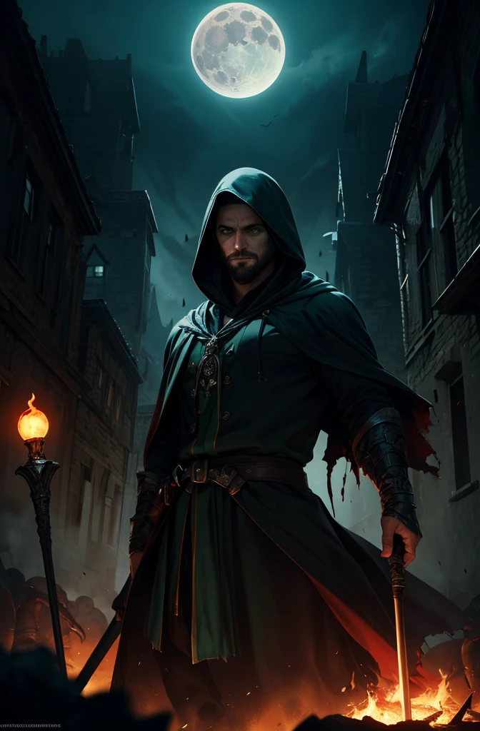 (masterpiece, highly detailed, artstation, absurdres, fantasy), dynamic pose, cowboy shot, solo, mature man, necromancer, face in shadow, Broad smile, (slight:1.5), short beard, (glowing green eyes:1.2), dark magic, staff, torn robe, hood, (the army of skeletons:1.1), blood moon, outdoors, village on fire, world of victorious evil, darkness, sharp focus, cinematic composition,  