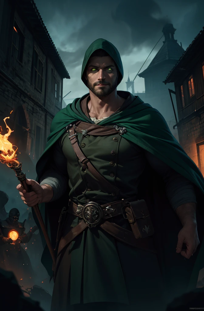 (masterpiece, highly detailed, artstation, absurdres, fantasy), dynamic pose, cowboy shot, solo, mature man, necromancer, face in shadow, Broad smile, (slight:1.5), short beard, (glowing green eyes:1.2), dark magic, staff, torn robe, hood, (the army of skeletons:1.1), blood moon, outdoors, village on fire, world of victorious evil, darkness, sharp focus, cinematic composition,  