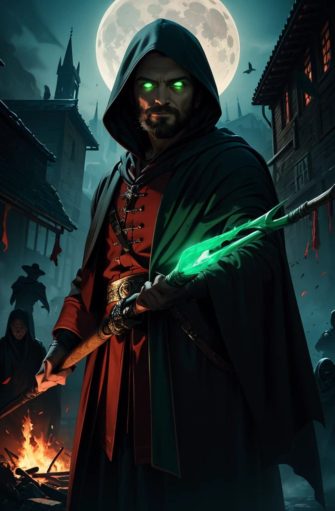 (masterpiece, highly detailed, artstation, absurdres, fantasy), dynamic pose, cowboy shot, solo, mature man, necromancer, face in shadow, Broad smile, (slight:1.5), short beard, (glowing green eyes:1.2), dark magic, staff, torn robe, hood, (the army of skeletons:1.1), blood moon, outdoors, village on fire, world of victorious evil, darkness, sharp focus, cinematic composition,  