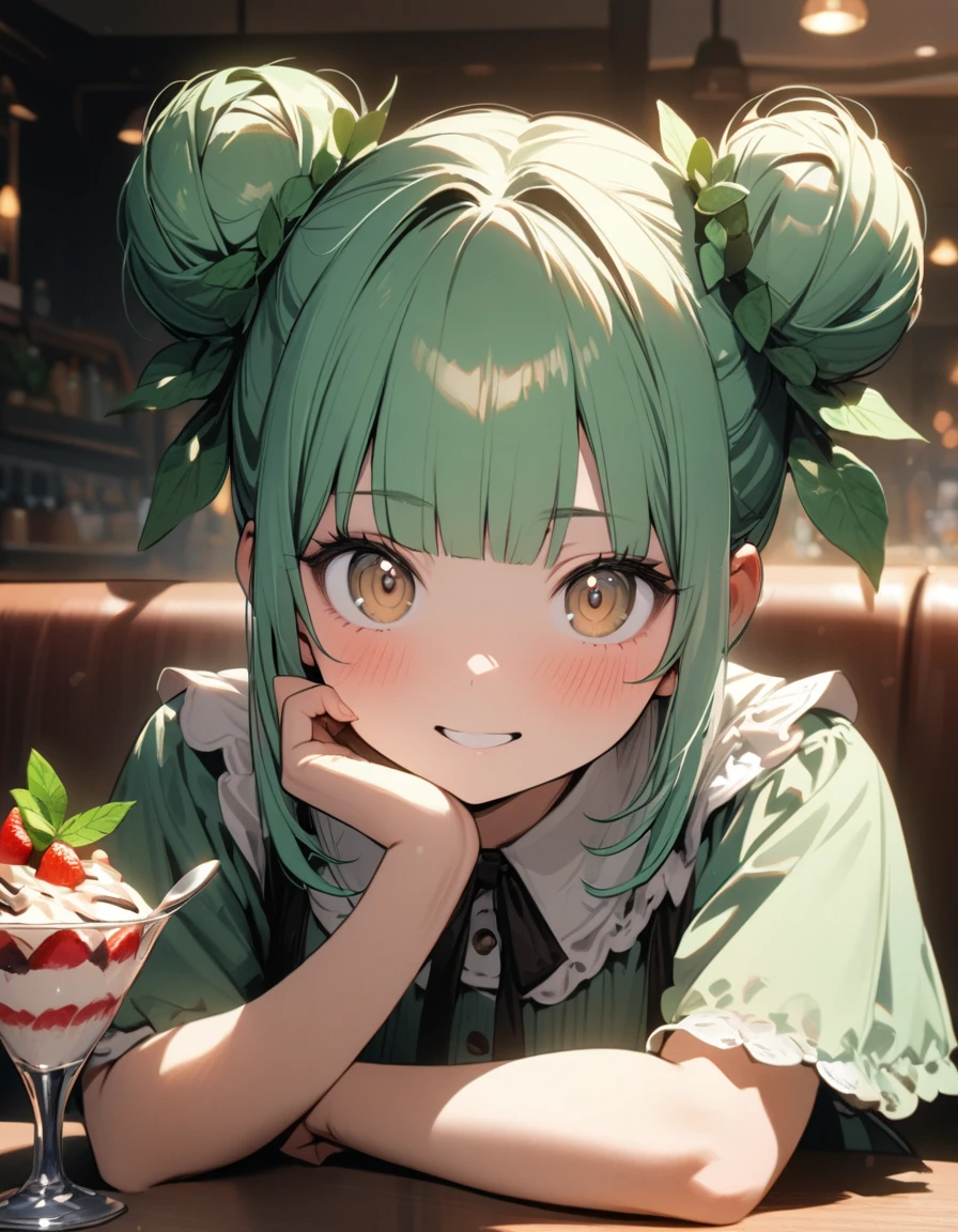 1 girl,amazing quality, aesthetic, aesthetic,ultra-detailed face,detailed eyes,16yo,(Brown eyes),lash extension,Mint green hair,blunt bangs,Mint leaves hair accessory,double bun,Short sleeves,Mint green Lolita,brown Lolita,Perfect hands, perfect fingers,holding a spoon,Looking at viewer,happy,one Chocolate mint parfait on the table,Sitting,indoors French Restaurant,rim light,masterpiece,8K,top quality, highly detailed illustration