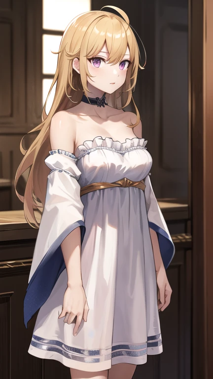 masterpiece, best quality, highres, hmtr, long hair, ahoge, collarbone, choker, white dress, bare shoulders, strapless dress, medium breasts, wide sleeves, long sleeves, cowboy shot, stadning, arms at sides, straight-on, indoors,