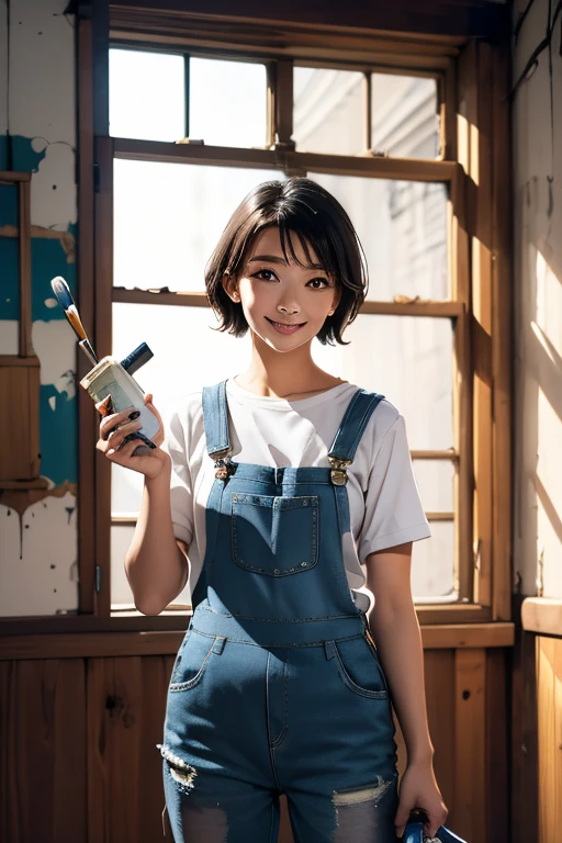 Highest quality High resolution Simple White overalls work clothes A woman holding a paint can and a brush There is a little paint on the clothes or body. Abandoned house 20 years old cute smile