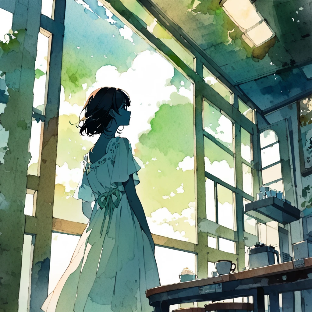 1girl, black hair, white dress, coffee shop, outside the window is the green soda-colored sky, white clouds, green, nostalgia, summer, (watercolor painting:1.3)、 profile, silhouette, looking up from below