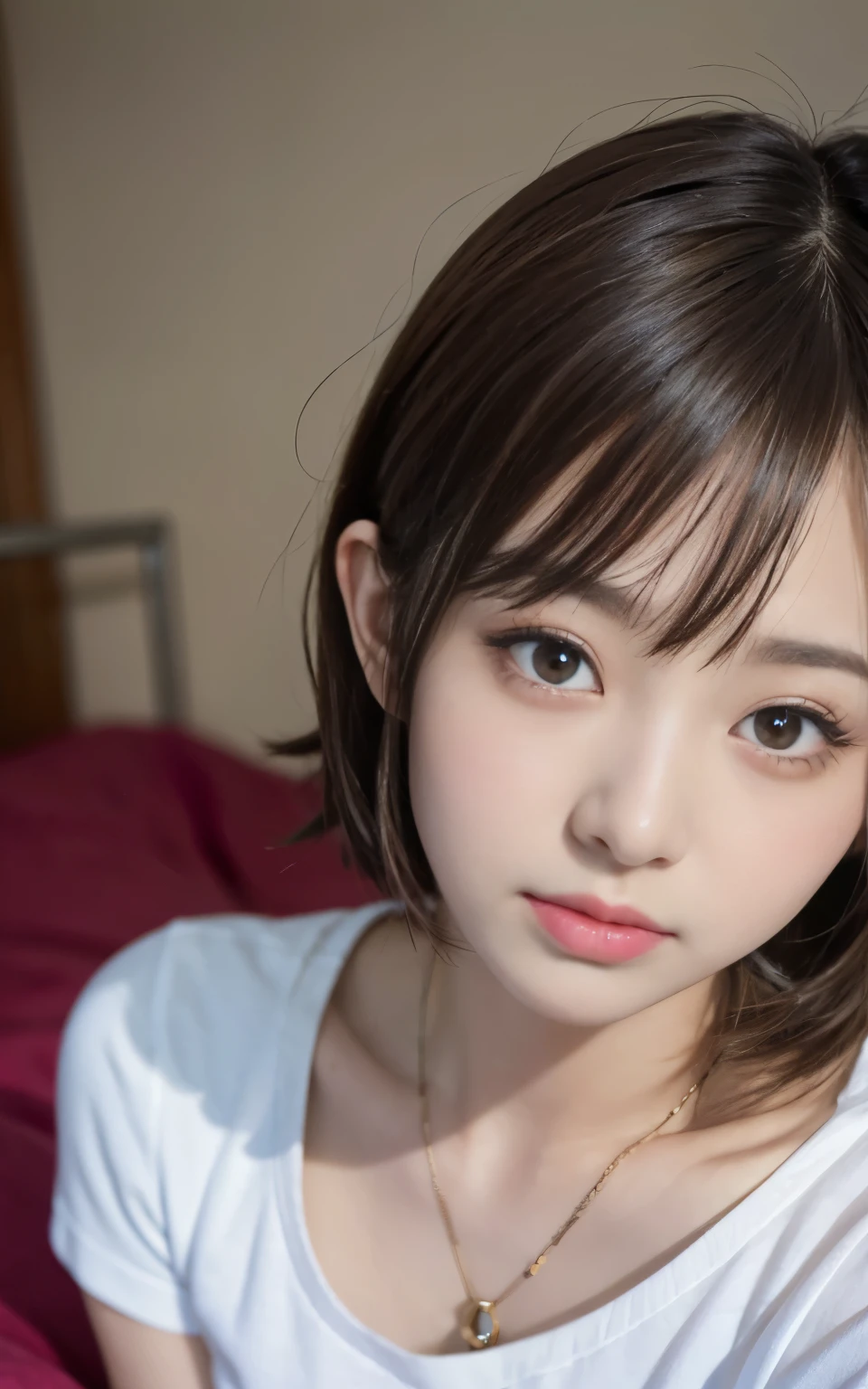 cute 21 year old japanese、on the bed、white t-shirt、light blue underwear、date、date、super detail face、eye for details、double eyelid、beautiful thin nose、sharp focus:1.2、Beautiful woman:1.4、(light brown hair,short haired、),pure white skin、highest quality、masterpiece、超A high resolution、(Photoreal:1.4)、、