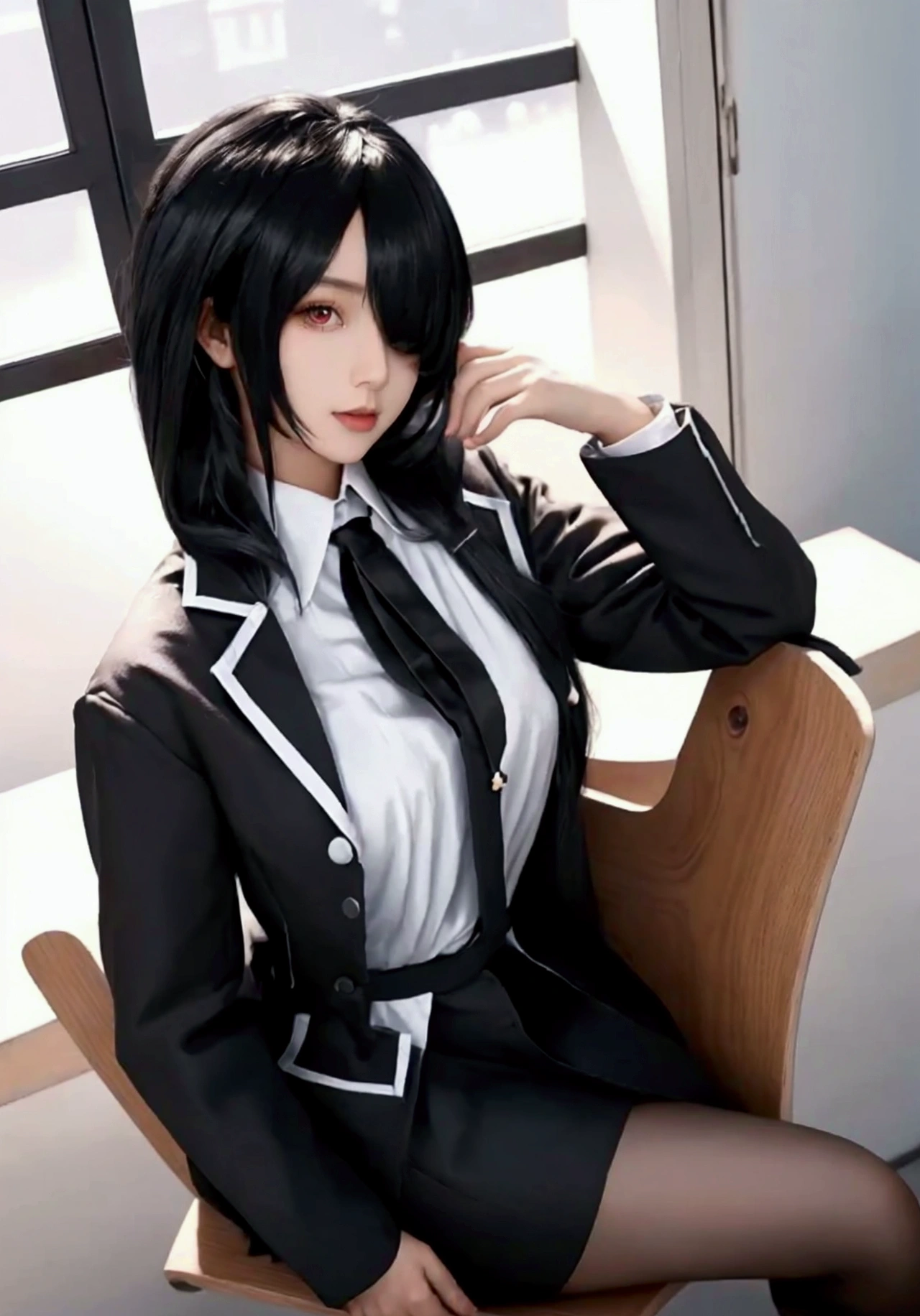 ultra-detailed, highly detailed, best quality, masterpiece, illustration, 
 The image features a woman with black hair, wearing a black and white dress. She is sitting on a wooden chair, possibly a bench, and appears to be posing for a picture. The woman's outfit includes a white shirt, and she is wearing a tie.