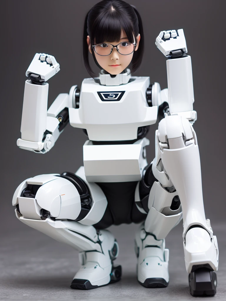 masterpiece, Highest quality, Very detailed, Japanese Android Girl,Plump,A little thick control panel,Squat,Mechanical Hand,Robotic arms and legs, Black sponge joint,Blunt bangs,White robot body,Ceramic body,White Long Boots,Perfect Cyborg Girl,Glasses,With legs apart,