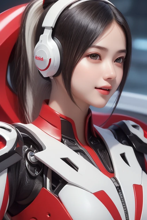 Top Quality, Masterpiece, Ultra High Resolution, (Photorealistic: 1.4), Raw Photo, 1 Girl, Black Hair, Glossy Skin, 1 Mechanical Girl, (((Ultra Realistic Details)), Portrait, Global Illumination, Shadows, Octane Rendering, 8K, Ultra Sharp, Intricate Ornaments Details, realistic skin, sweat effect, ((wearing Headphone)), very intricate detail, realistic light, CGSoation trend, brown eyes, glowing eyes, matte red and glossy white mechanical bodysuit, Long hair, black hair, Ponytail hair, Half body shot, spaceship bridge background, dynamic pose, cute smile, close up, Open Mouth, red collar, white suit