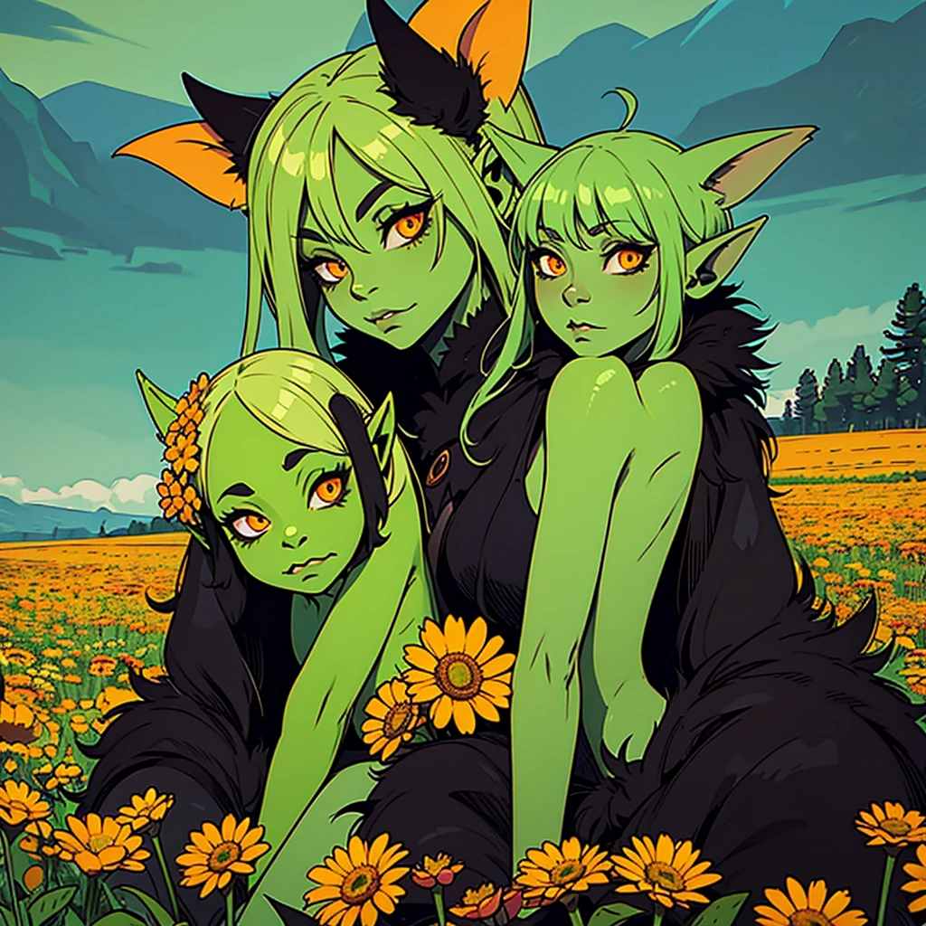 A goblin girl, green skin, black fur, orange eyes, Long ears, , what a view arapos. In a field with flowers