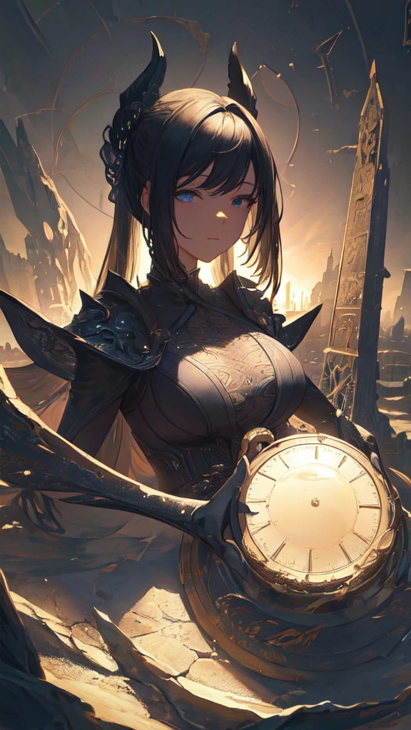 (masterpiece, Highest quality, Very detailed, Best Shadow), (Detailed Background,Dark fantasy), (Beautifully detailed landscapes), High Contrast, (Best lighting, Very delicate and beautiful), ((Cinematic Light)), colorful, Hyper Detail, Dramatic Light, Intricate details, Dynamic Angle), Black light swirling around, Depth of written boundary,black light particles,(Broken glass),magic circle,water,huge clocks,zero,the sun and the moon,Landscape only,There are no people,Watch Center,A clock sinking in water,Blue glowing light,Huge tower and city,Landscape,青く輝く光,天の川
