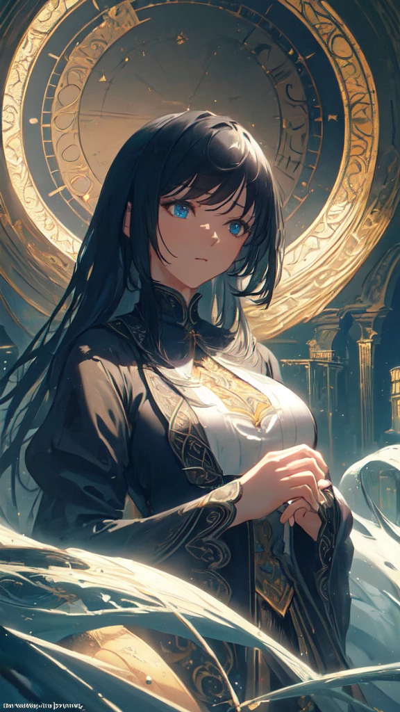 (masterpiece, Highest quality, Very detailed, Best Shadow), (Detailed Background,Dark fantasy), (Beautifully detailed landscapes), High Contrast, (Best lighting, Very delicate and beautiful), ((Cinematic Light)), colorful, Hyper Detail, Dramatic Light, Intricate details, Dynamic Angle), Black light swirling around, Depth of written boundary,black light particles,(Broken glass),magic circle,water,huge clocks,zero,the sun and the moon,Landscape only,There are no people,Watch Center,A clock sinking in water,Blue glowing light,Huge tower and city,Landscape,青く輝く光,天の川