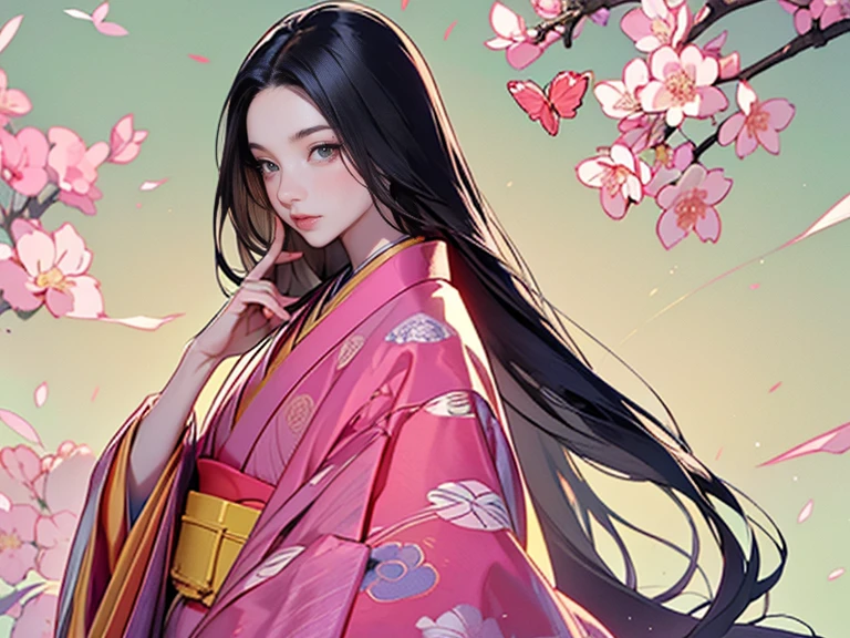 (masterpiece, Highest quality, Highest quality，aesthetics:1.2)，Twelve-layered kimono，1300 years ago，Japan_Heian period，１Beautiful noble princess，Beautiful Skin，(Straight hair　Long, beautiful black hair)，Beautiful Face、Beautiful Eyes，Beautiful nose、Beautiful lips、(kimono　Gentle pink color　yellow　Light green　red　The beauty of layered colors)，Silk luster，Layered Color，Wide sleeves，The hem of the hakama is long，elegant，Highest quality，Beautiful graphics, Super detailed，butterfly，Fresh，Minimal background，Transparent robe images，Detailed CG、