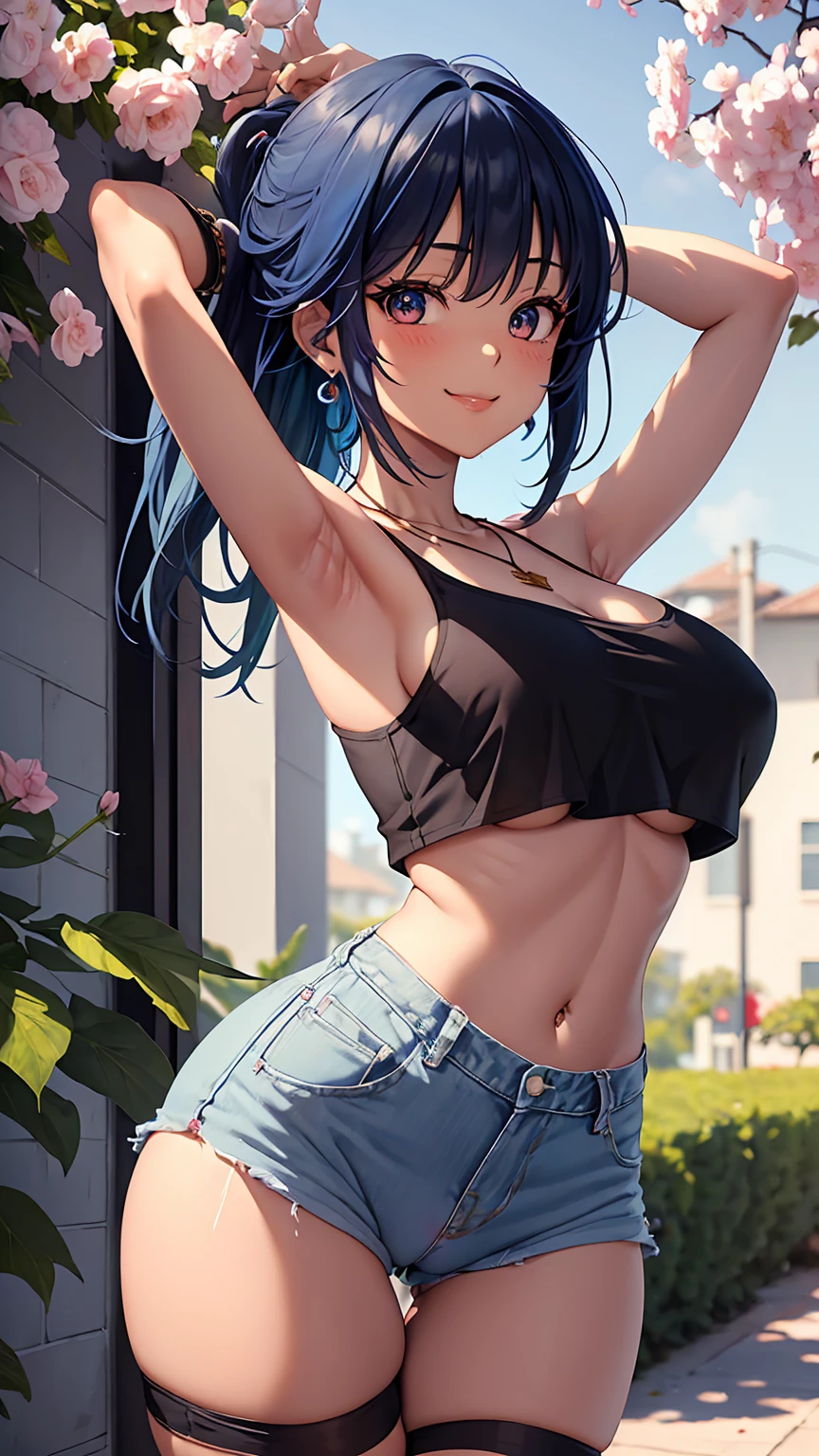 1girl, anime girl, anime, (dark skin), bracelet, necklace, earrings, 2d girl, 18y, (fullbody), standing, anime girl, seductive smile, (blue hair), flowing hair, hair flowing in the wind, ((black top)), ((underboob view)), Solo, Slim, Big Breasts, Tight Shorts, low waist shorts, upshorts, outdoors, night background, flowers, looking at viewer, darker shadows, (((Wedgie))), (((explicit))), (((shorts))), (((absurdres))), (((thigh gap))), (((cameltoe))), (((lowleg shorts))), (((sexy))), (((sensual))), (((Detailed description vagina)))