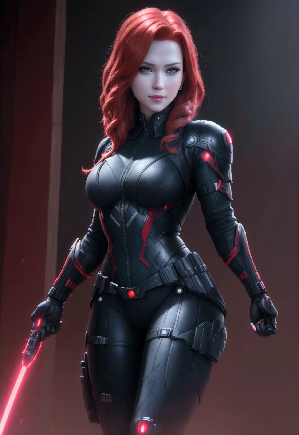 Marvel Comics Black Widow, , (8K, RAW photo, best quality, Masterpiece: 1.2), (realistic, photo-realistic: 1.4), (extremely detailed 8k CG unit wallpapers), full body, (lights neon), McHop, , Hanfu, shield uniform, dress, pretty face, (dark shot: 1.1), realistic epic,Beautiful girl smiling