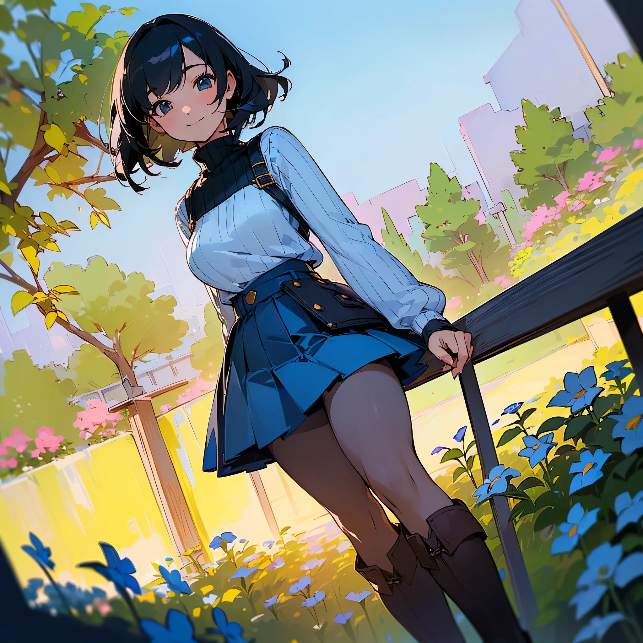 (high quality, High resolution, Very detailed, reality:1.37), Peaceful atmosphere, (Outdoor, garden), Teenage girl standing alone, (my breasts are big.), Beautiful details, Cute Smile, (Black bob hair), Ribbed sweater, Blue Skirt, Black tights, Brown boots.