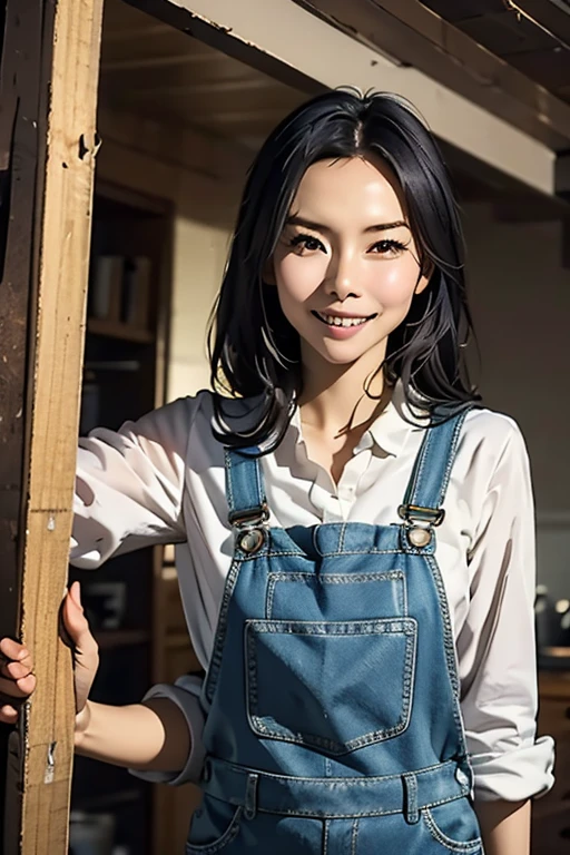 Highest quality　High resolution　Simple　White overalls work clothes　Chinese woman holding a paint can and a brush　There is a little paint on the clothes or body.　Abandoned house　20 years old　smile　cute