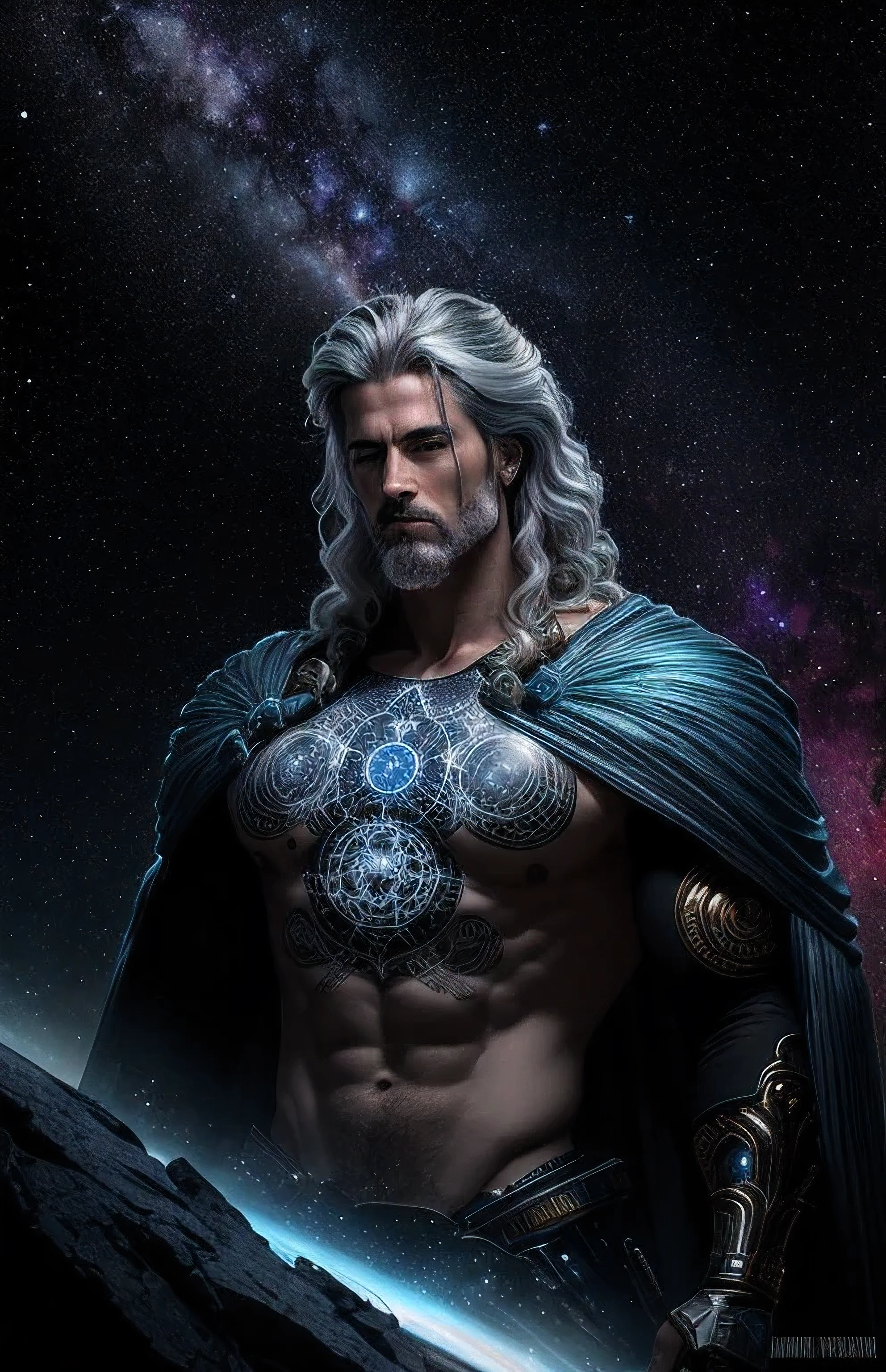 Create an epic, hyper-detailed illustration of Hermes Trismegistus. He must have hair as white as snow, Piercing blue eyes and a face chiseled with wrinkles that tell ancient stories. Your pose should be heroic and imposing, with the chest lifted and the chin slightly tilted upwards. Ao redor dele, a galaxy must emerge from your mind, with spirals of stars and dancing nebulas. O fundo deve ser um muro de graffiti com tags, adding a grunge and modern touch. The light should be soft and dramatic, enhancing your figure as a guardian of cosmic mysteries.
