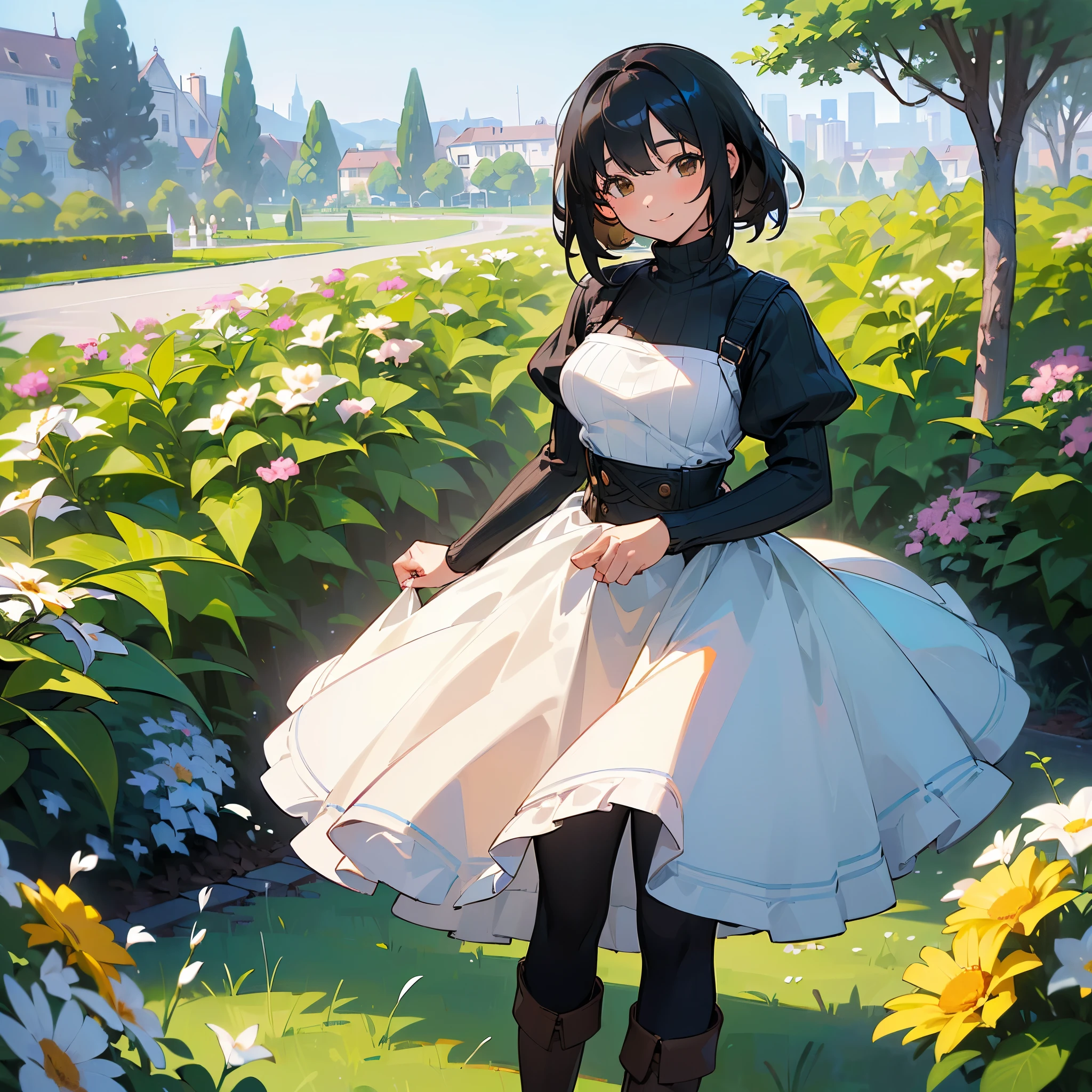 (high quality, High resolution, Very detailed, reality:1.37), Peaceful atmosphere, (Outdoor, garden), age girl standing alone, (my breasts are big.), Beautiful details, Cute Smile, (Black bob hair), Ribbed sweater, Blue Skirt, Black tights, Brown boots.
