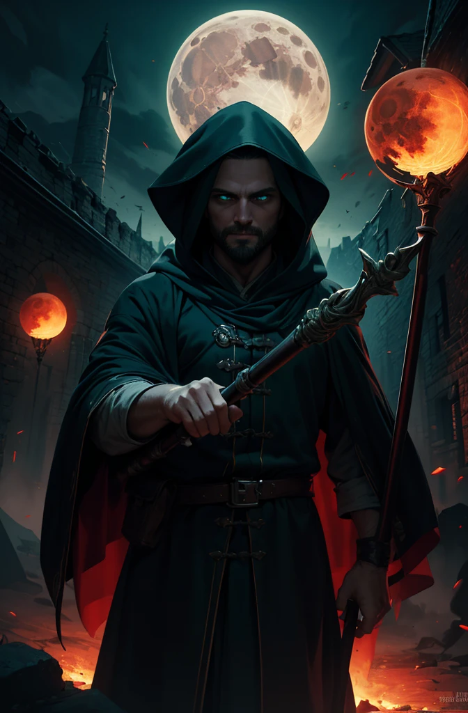 (masterpiece, highly detailed, artstation, absurdres, fantasy), dynamic pose, cowboy shot, solo, mature man, necromancer, face in shadow, Broad smile, (slight:1.5), short beard, (glowing green eyes:1.2), dark magic, staff, torn robe, hood, (the army of skeletons:1.1), blood moon, outdoors, village on fire, world of victorious evil, darkness, sharp focus, cinematic composition,  